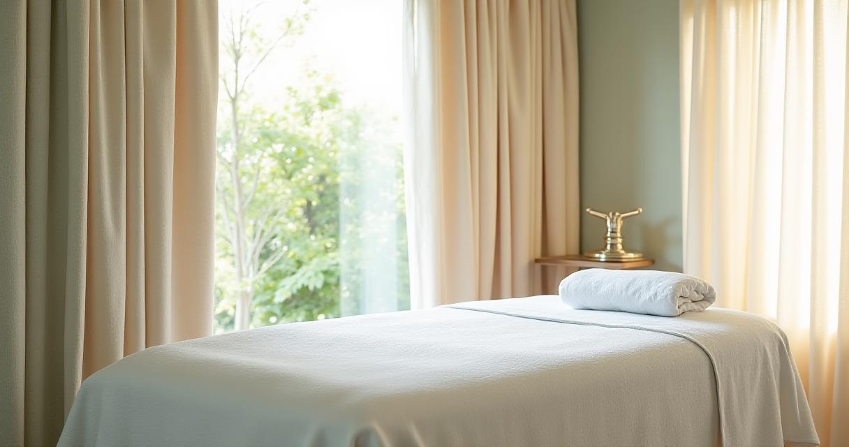 Serene spa treatment room with soft lighting and natural cedar accents