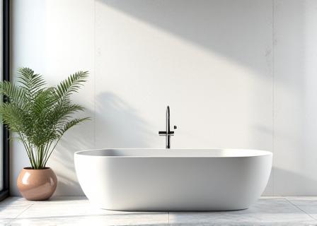 Modern bathroom with deep soaking tub and marble accents