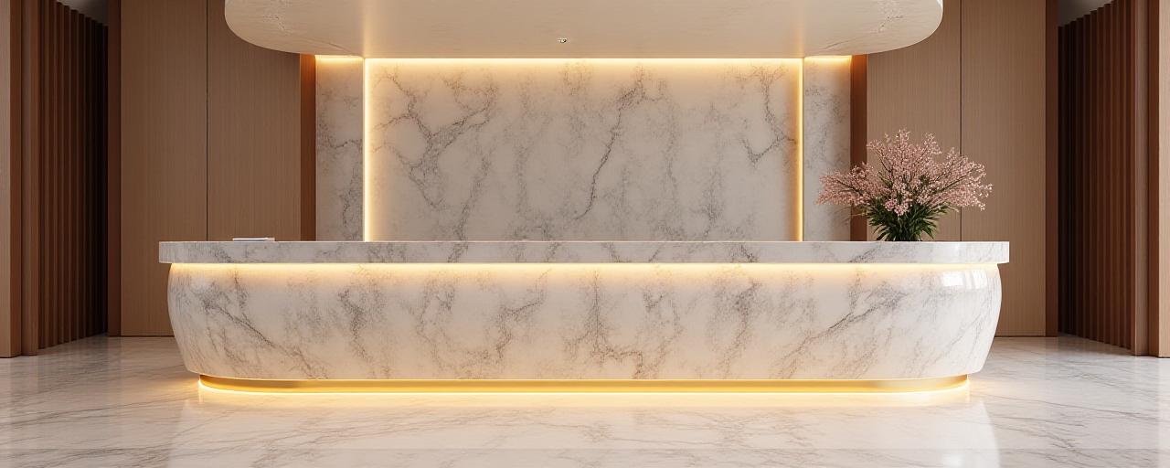 A luxury hotel concierge desk with soft warm lighting